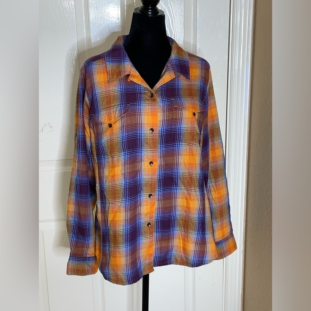 Woolrich Plaid Flannel Long Sleeve Shirt Purple /Orange/Blue Women’s Size XL - Picture 3 of 7